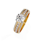 Sparkling gold engagement ring with pave diamonds and big solitaire