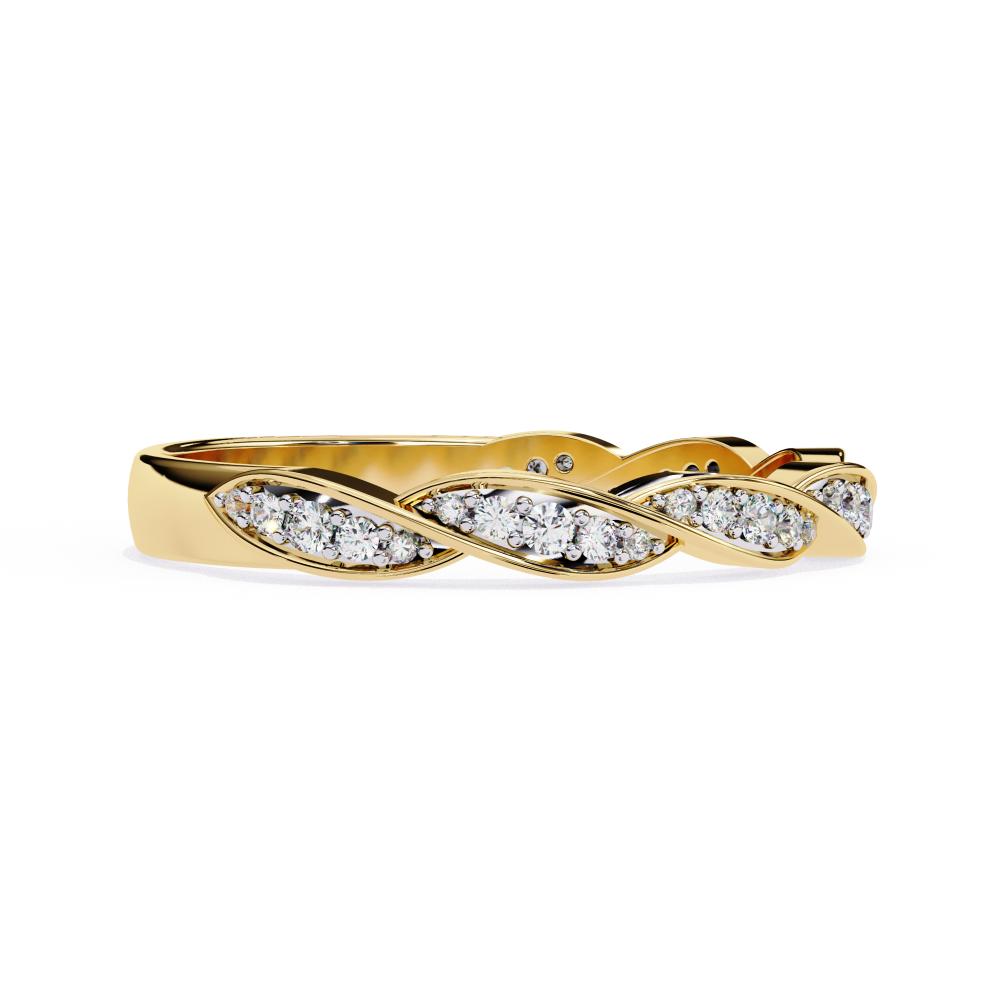 Gold wedding band with diamond accents on a white background