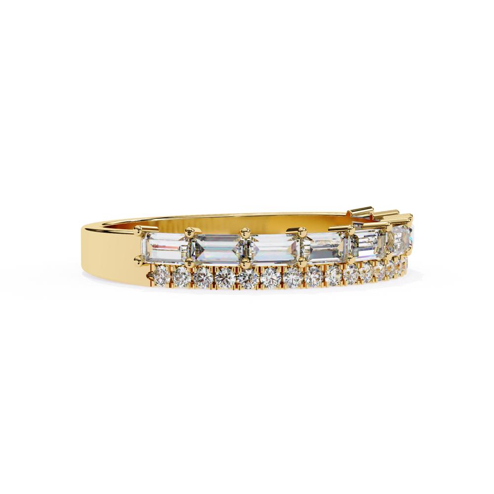 Gold wedding band with baguette and round diamonds on a white background