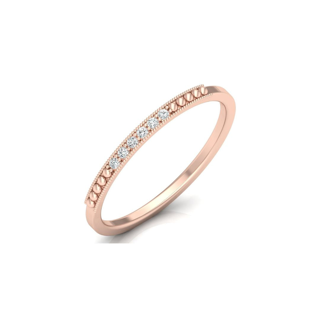 Thin diamond wedding band in rose gold with vintage bead design