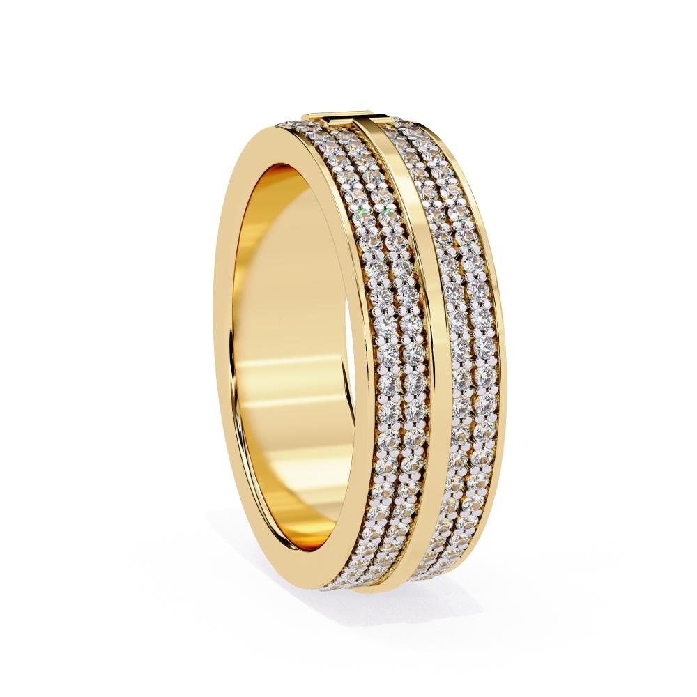 Diamond-studded wedding band with layered gold pattern
