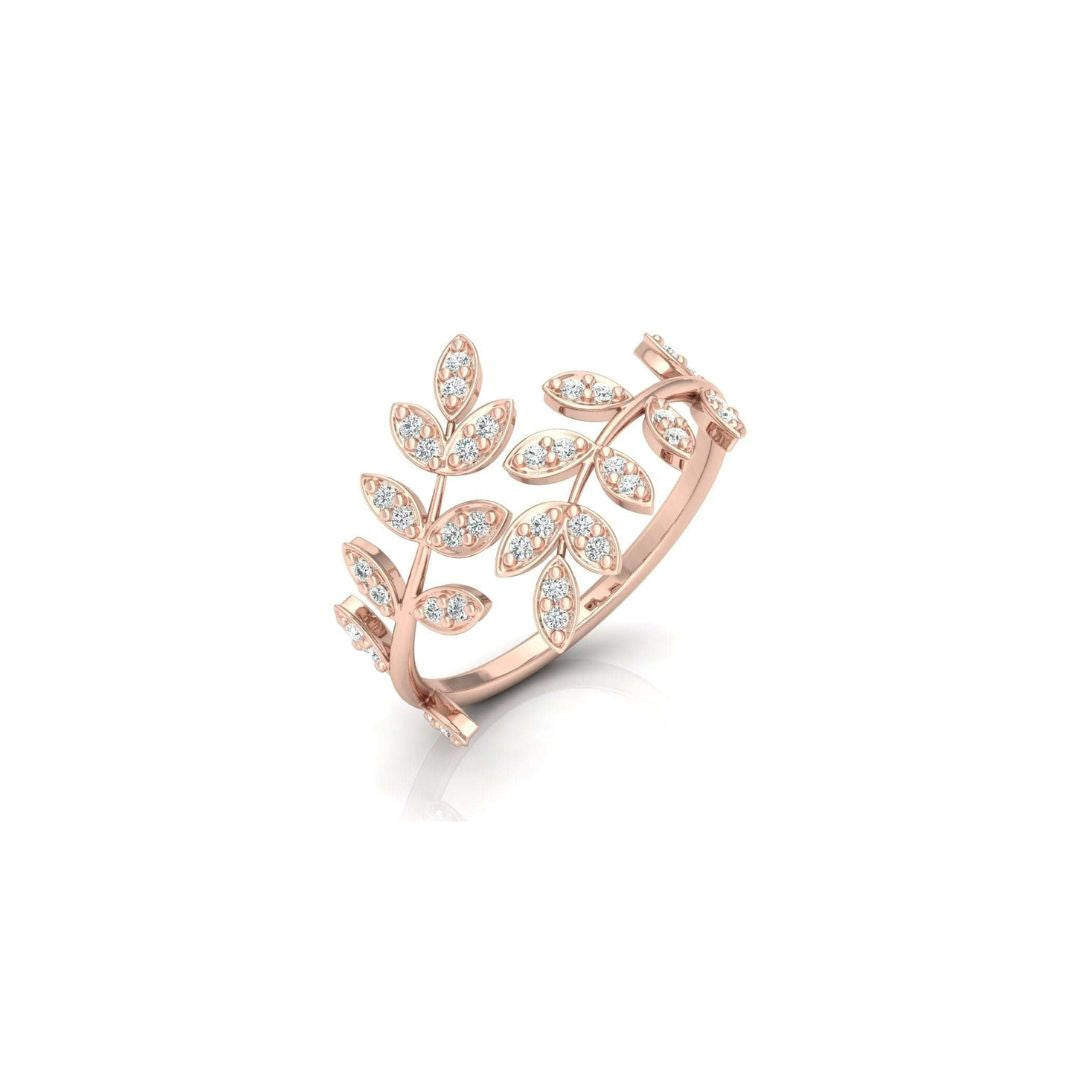 Round-Cut Diamond Leaf Vine Band Ring in Gold