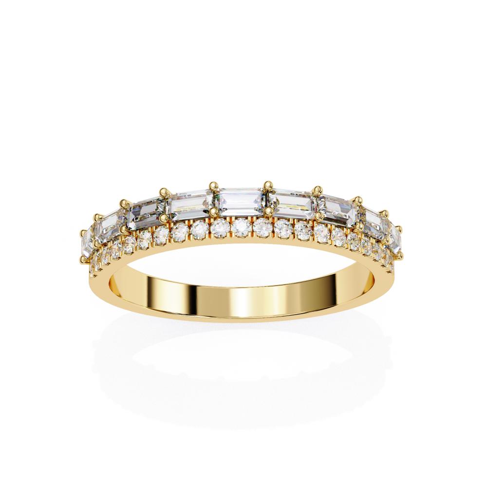 Gold wedding band with diamond accents on a white background