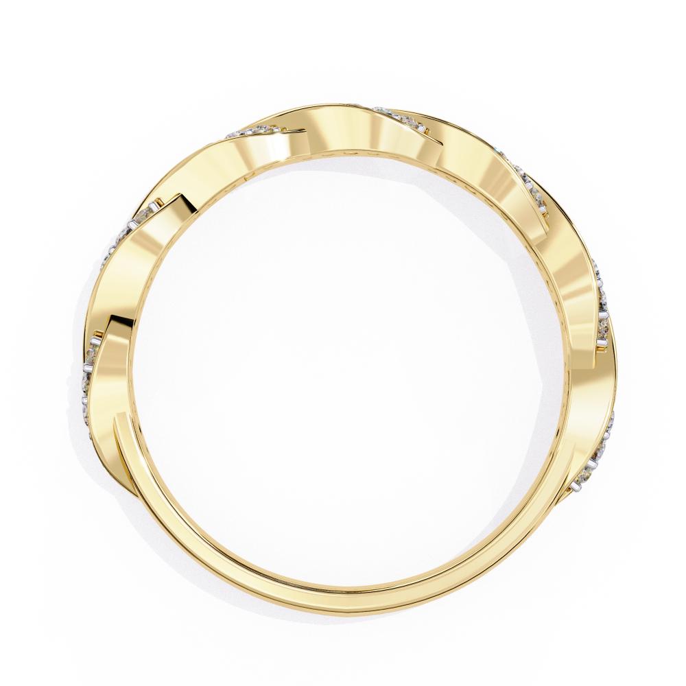 Gold wedding ring with embedded diamonds on a white background