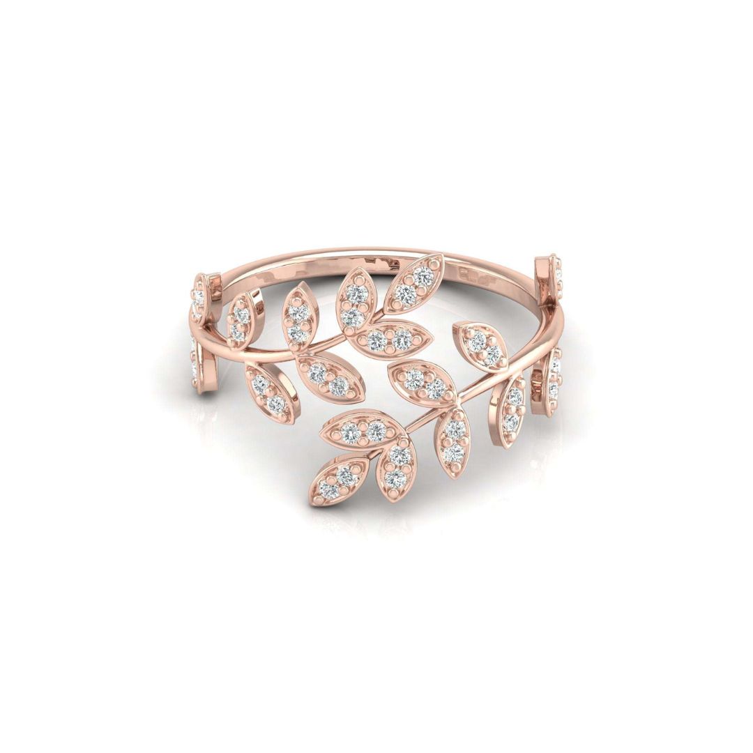 Round-Cut Diamond Leaf Vine Band Ring in Gold