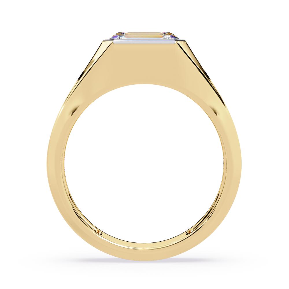 Wide gold diamond band with emerald cut bezel setting