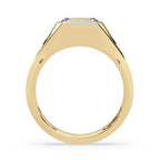 Wide gold diamond band with emerald cut bezel setting