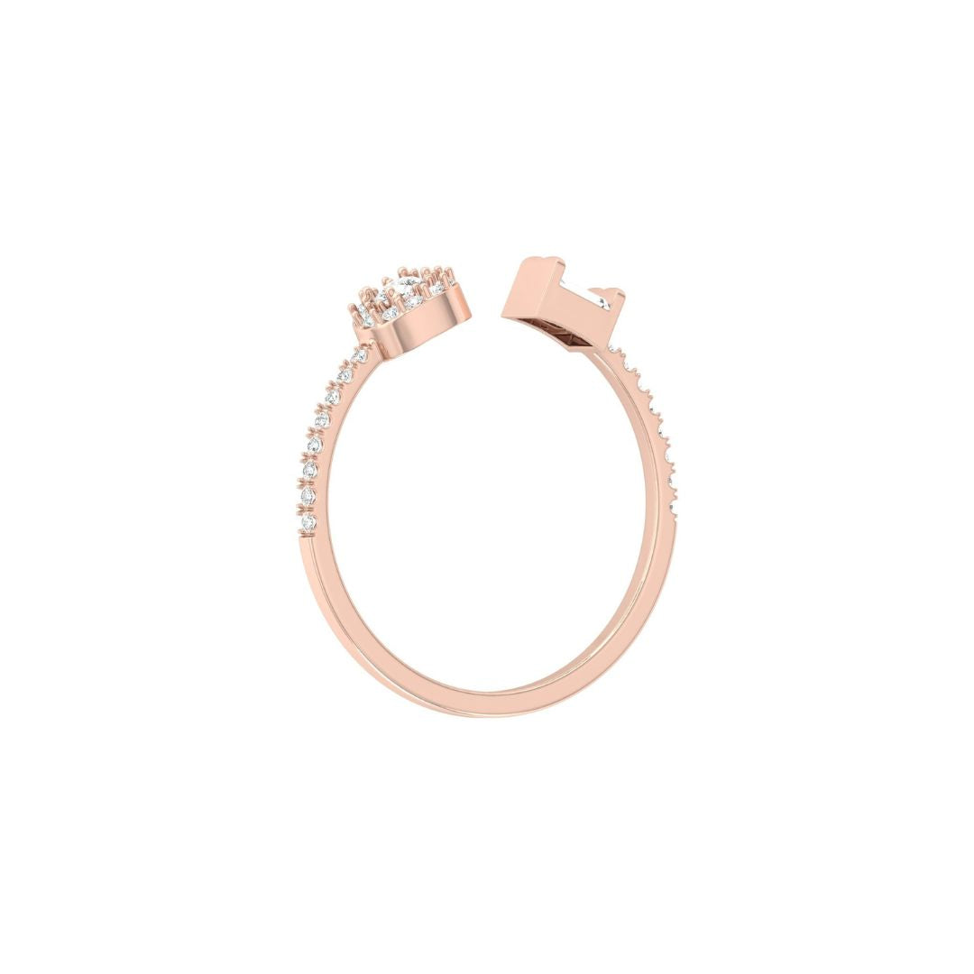 Rose gold ring with diamond accents on a white background