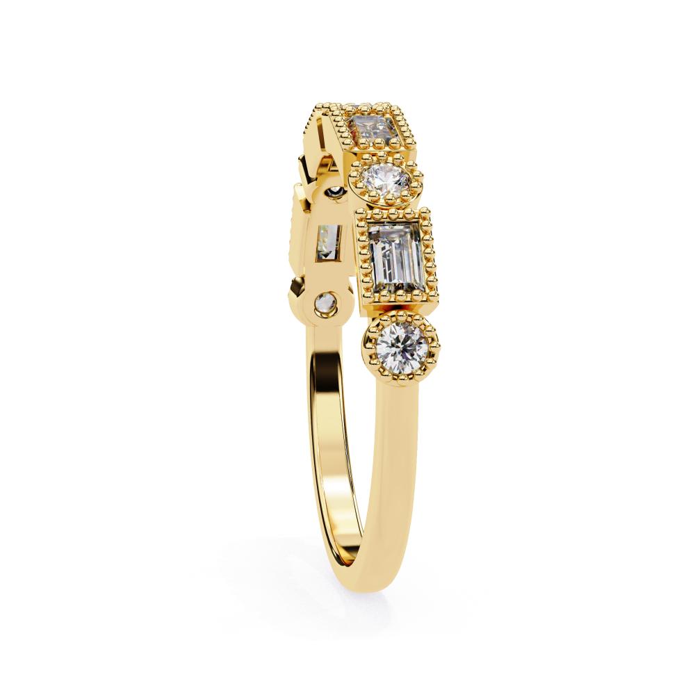 Gold wedding band with embedded diamonds on a white background