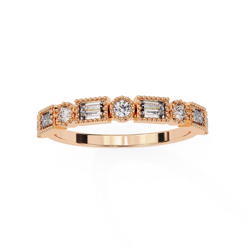 Rose gold wedding band ring with diamonds on a white background