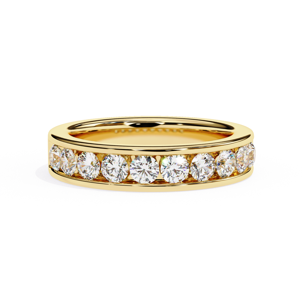 Gold channel set diamond wedding band with round cut stones