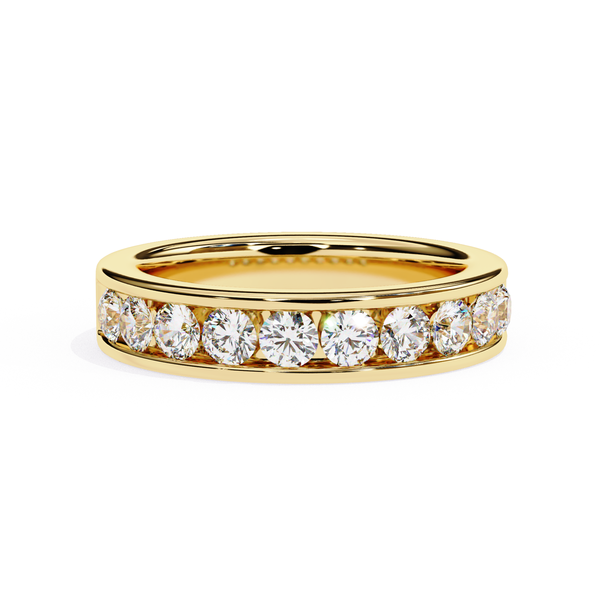 Gold channel set diamond wedding band with round cut stones