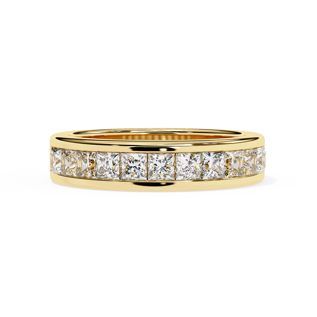Princess cut diamond eternity wedding band in yellow gold