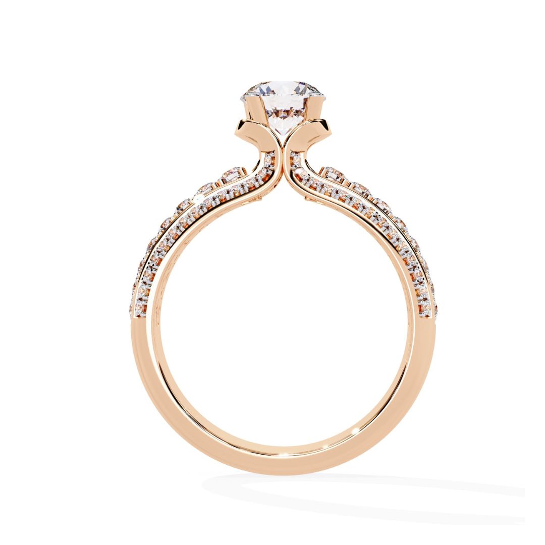 Rose gold ring with a diamond on a white background