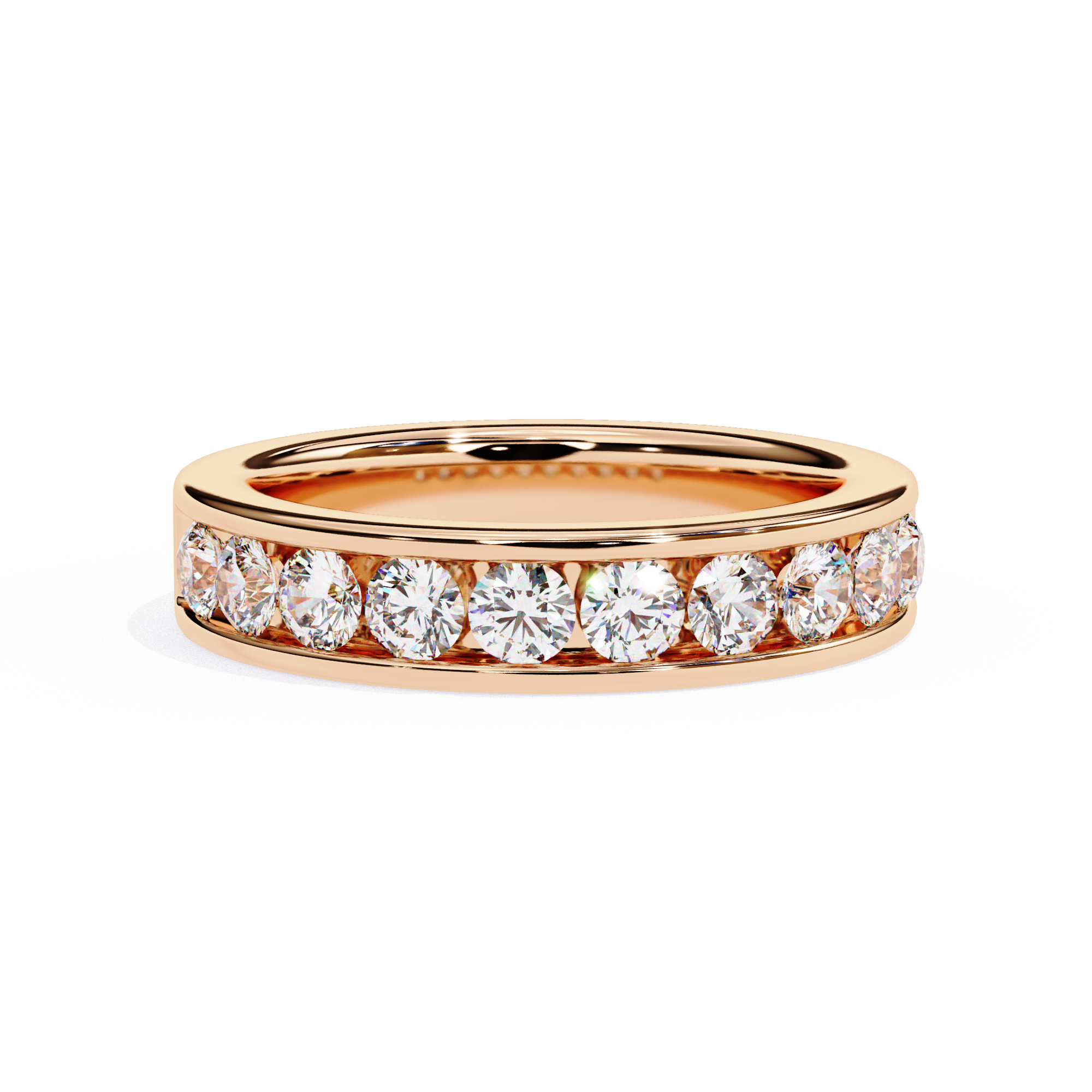 Rose Gold channel set diamond wedding band with round cut stones