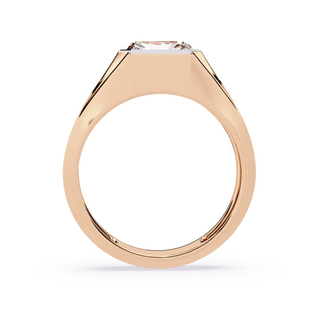 Wide rose gold diamond band with radiant cut bezel setting