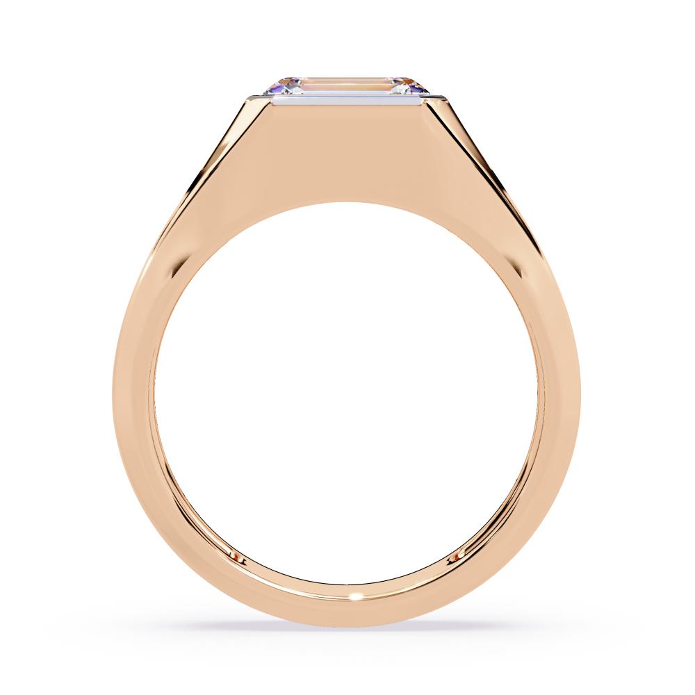 Wide rose gold diamond band with emerald cut bezel setting