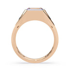 Wide rose gold diamond band with emerald cut bezel setting