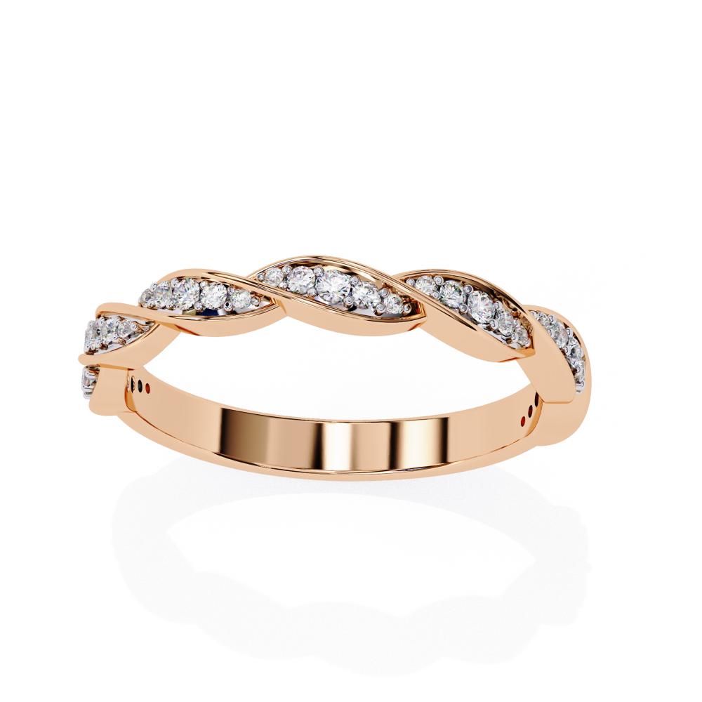 Rose gold wedding band with diamonds on a white background