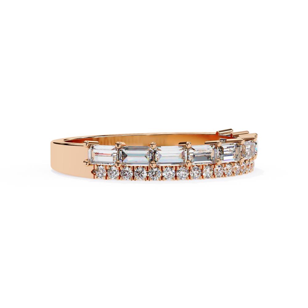 Rose gold wedding ring with baguette and round diamonds on a white background