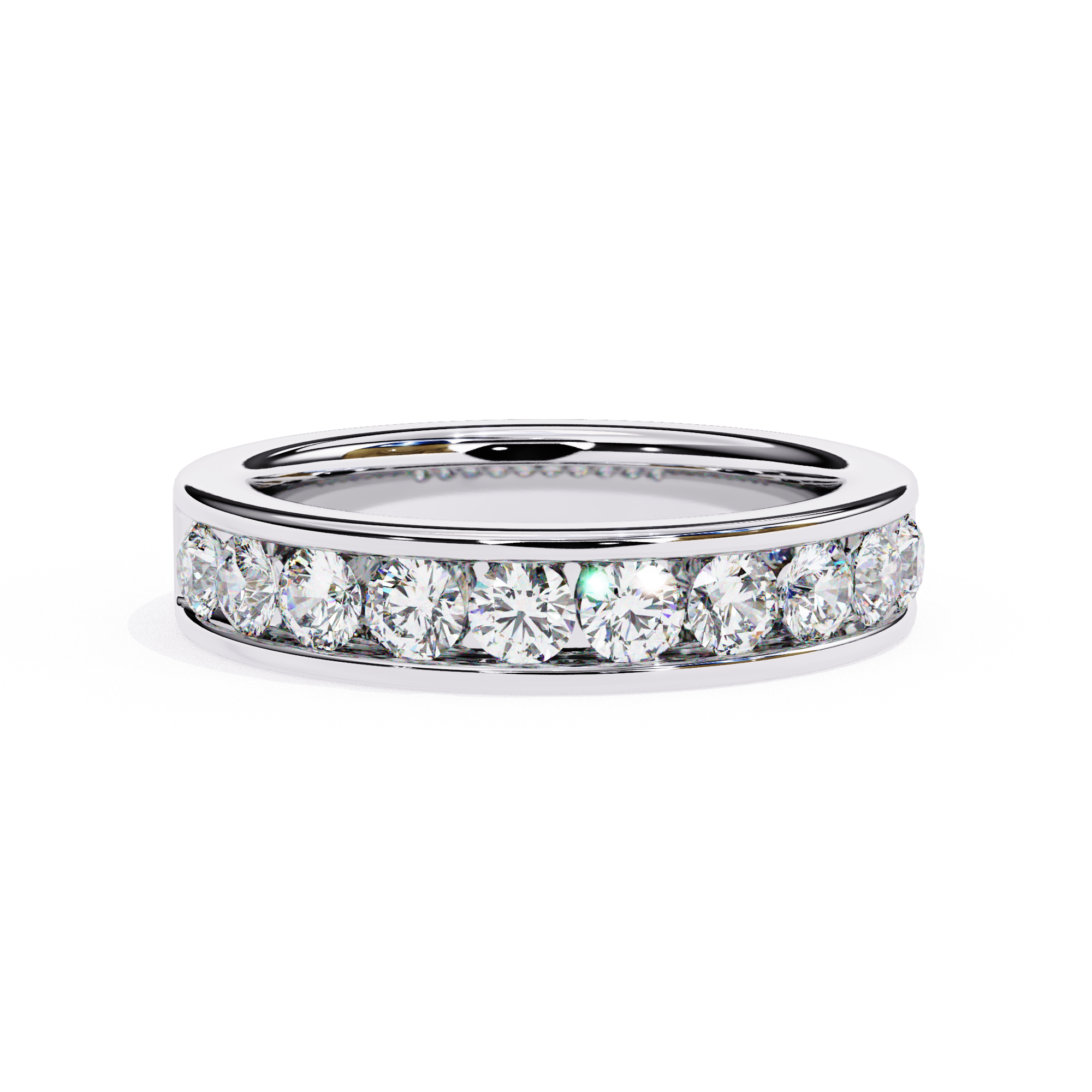 White Gold channel set diamond wedding band with round cut stones