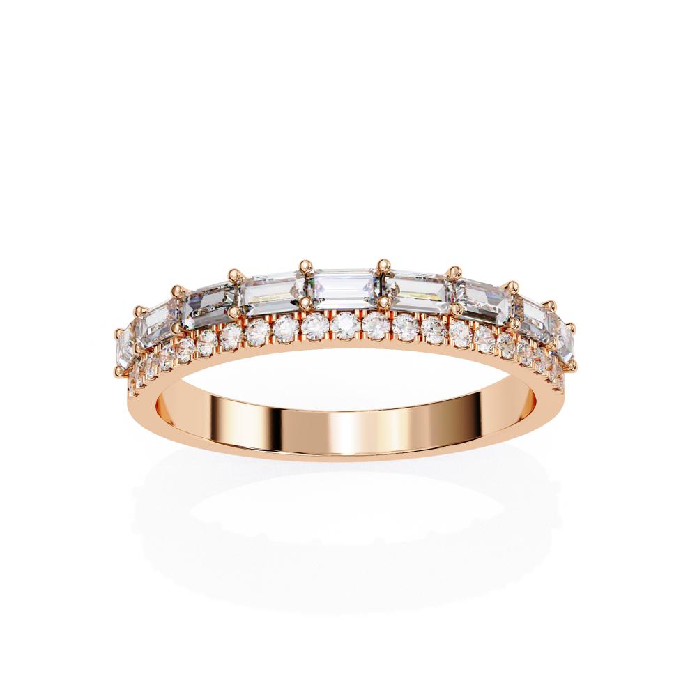 Rose gold wedding band with diamond accents on a white background