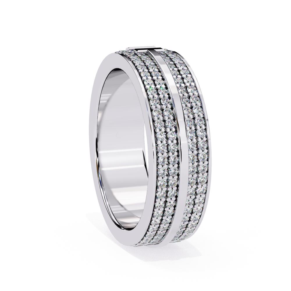 Diamond-studded wedding band with layered white gold pattern