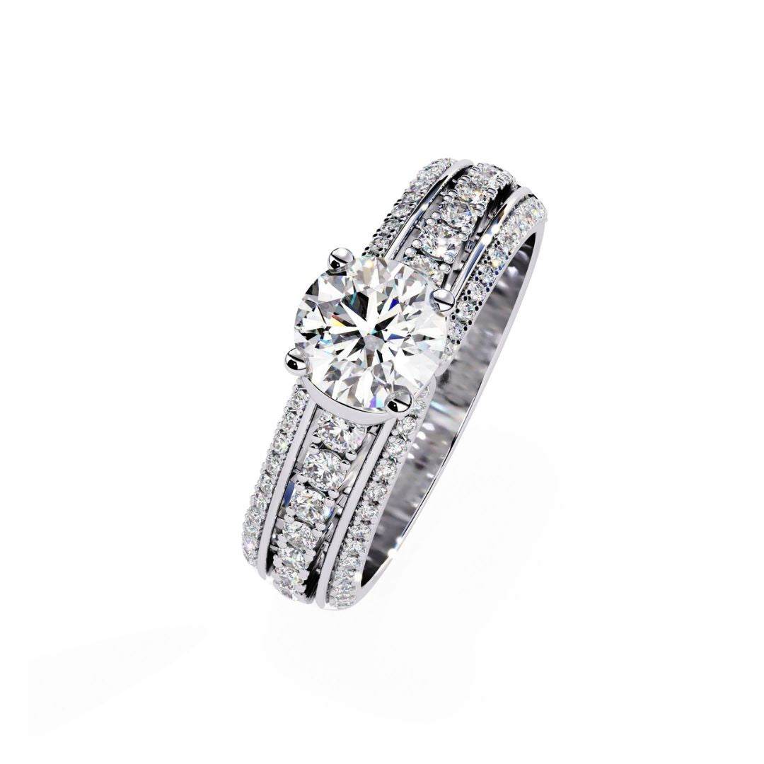 Sparkling white gold engagement ring with pave diamonds and big solitaire