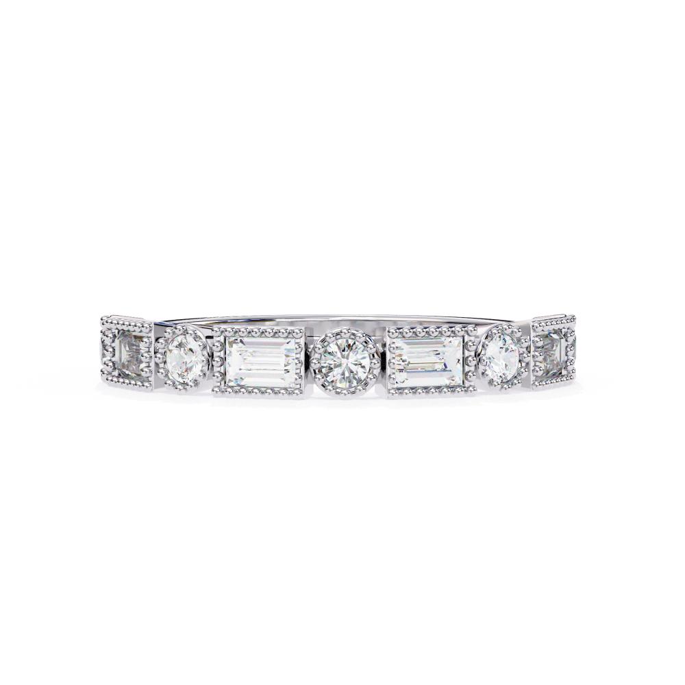 Geometric Baguette and Round Diamond Band Ring in White Gold
