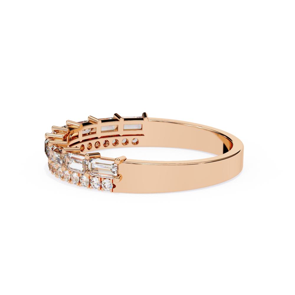 Rose gold ring with diamond accents on a white background