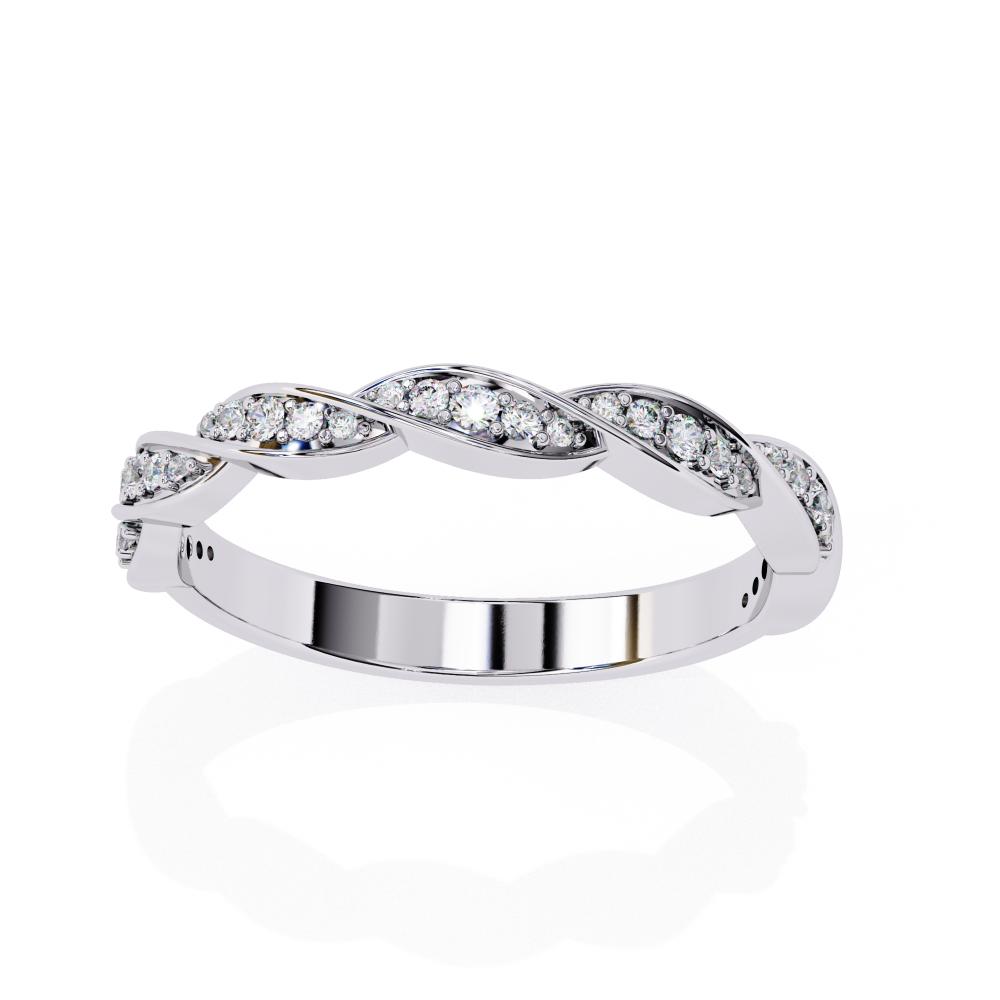 Silver diamond wedding band on a white background