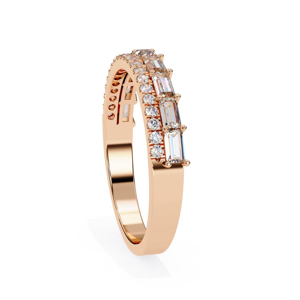 Rose gold wedding band with diamond accents on a white background