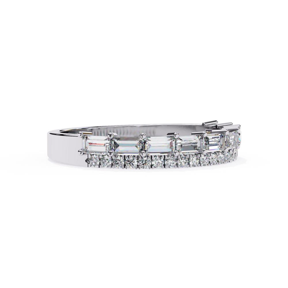 White gold wedding ring with baguette and round diamonds on a white background
