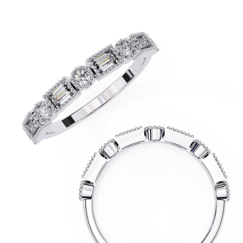 Two diamond wedding bands on a white background