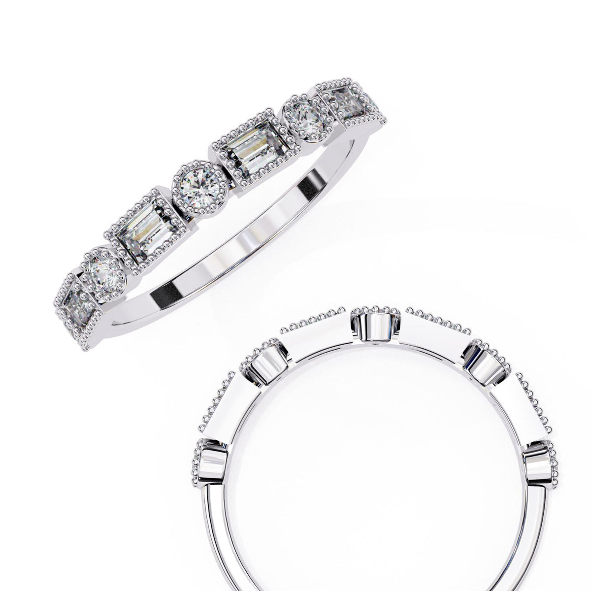 Two diamond wedding bands on a white background