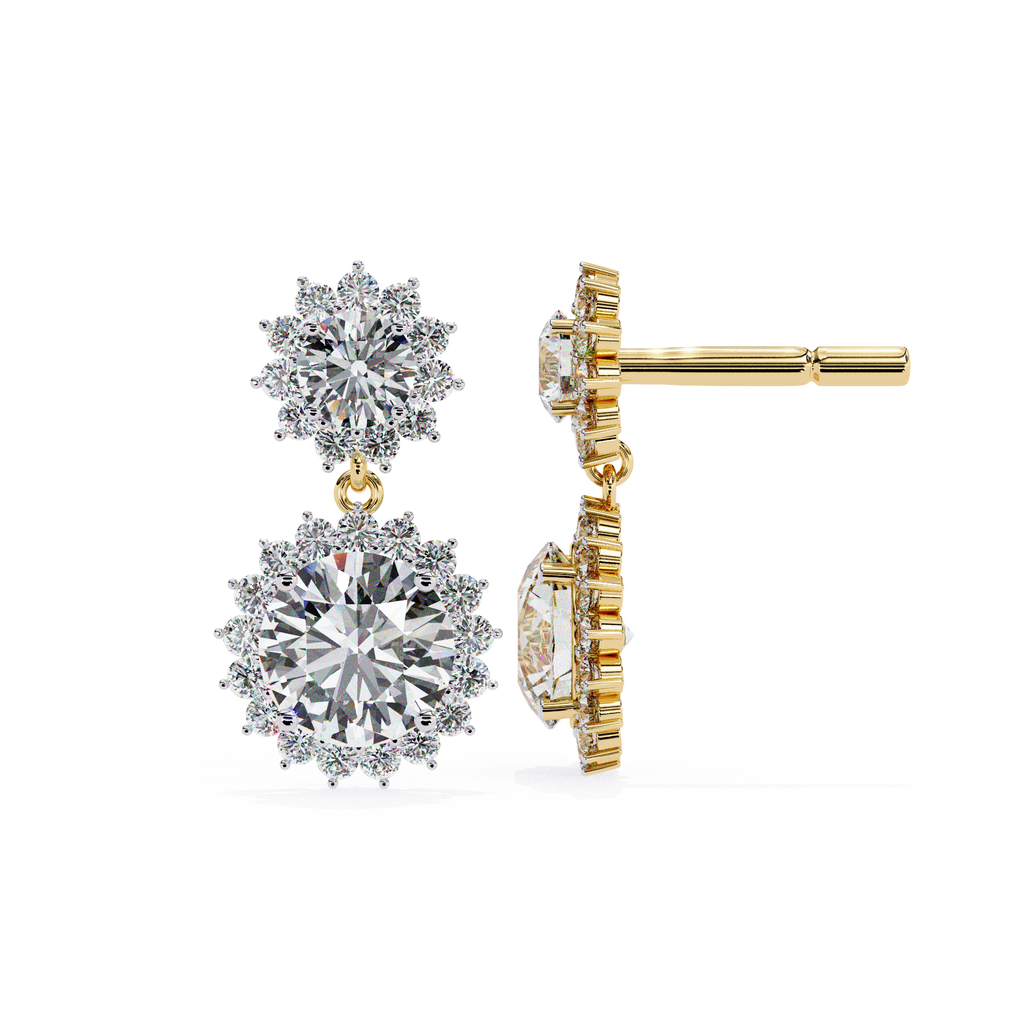Sunburst double halo diamond drop earrings