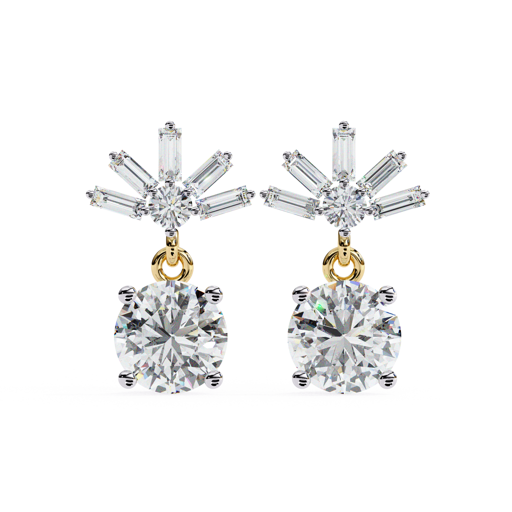 Bridal diamond drop earrings with baguette and round cut diamonds