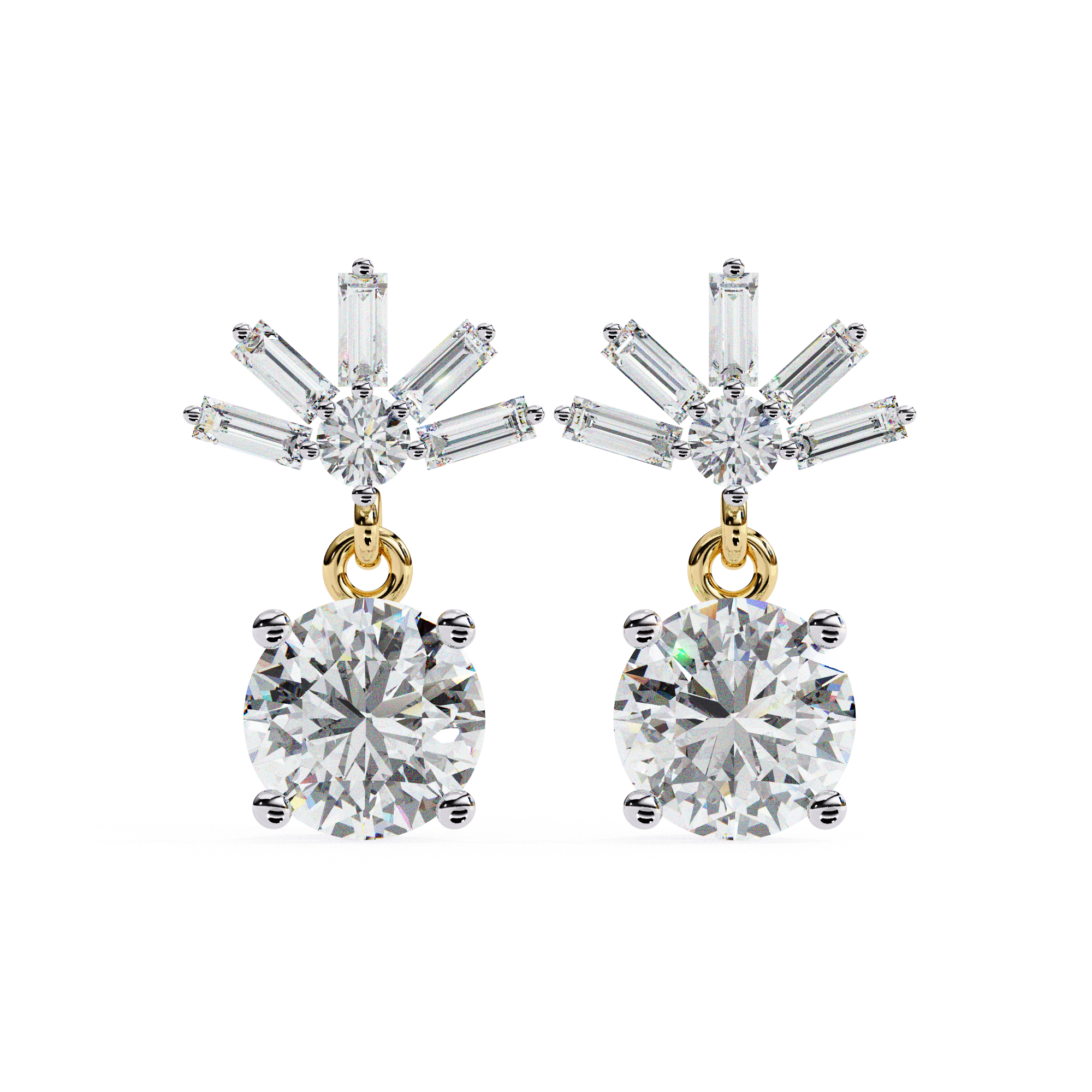 Bridal diamond drop earrings with baguette and round cut diamonds