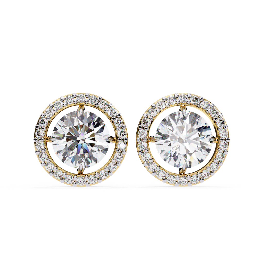 Designer floating halo diamond stud earrings in Yellow Gold