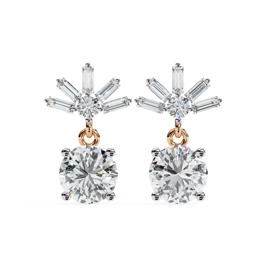 Bridal diamond drop earrings with baguette and round cut diamonds