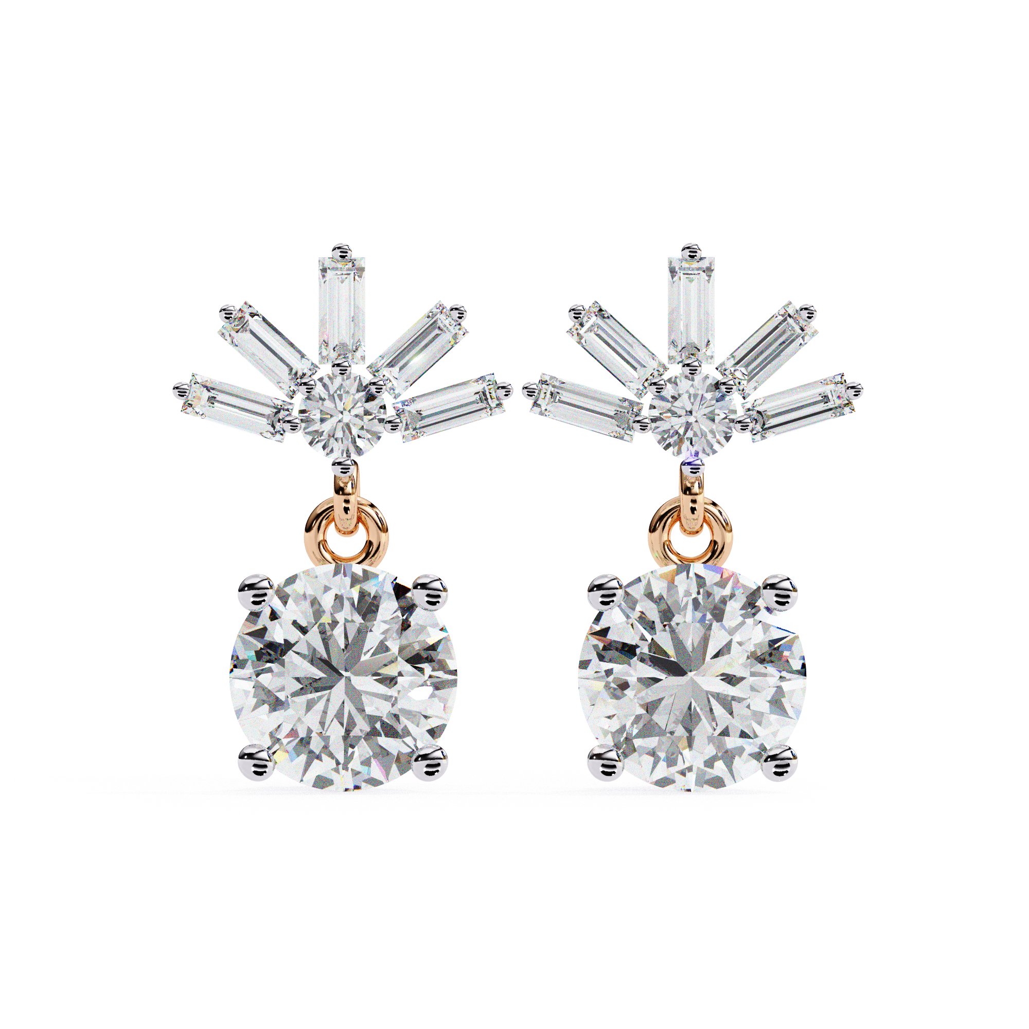 Bridal diamond drop earrings with baguette and round cut diamonds
