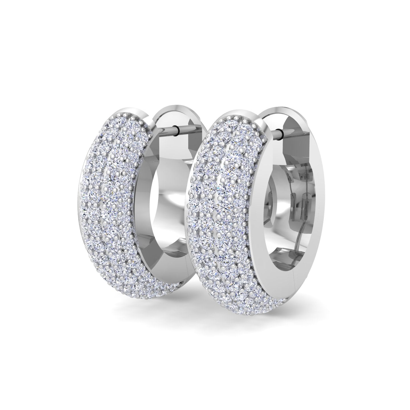 White Gold pavé diamond huggie hoop earrings with round cut diamonds