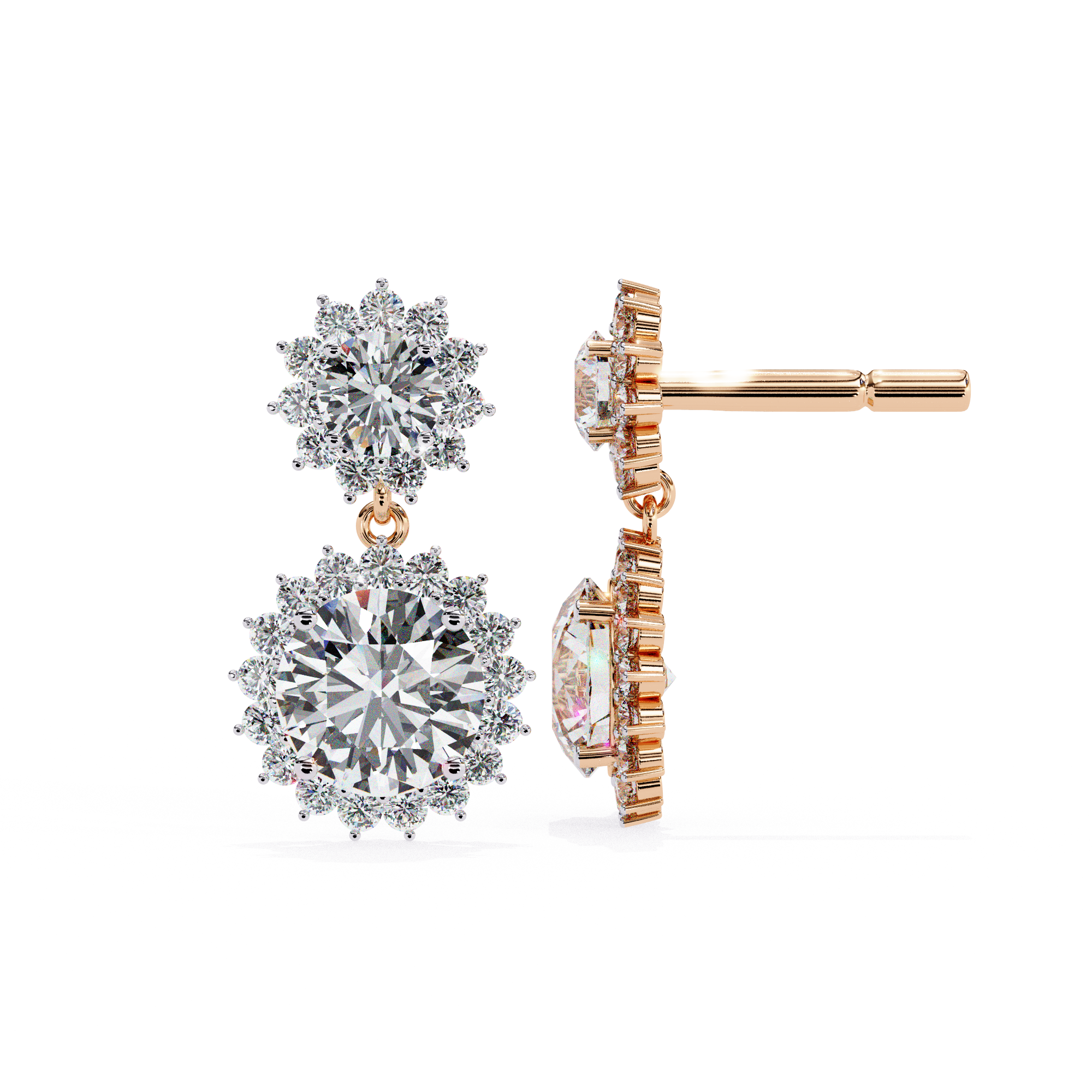 Sunburst double halo diamond drop earrings