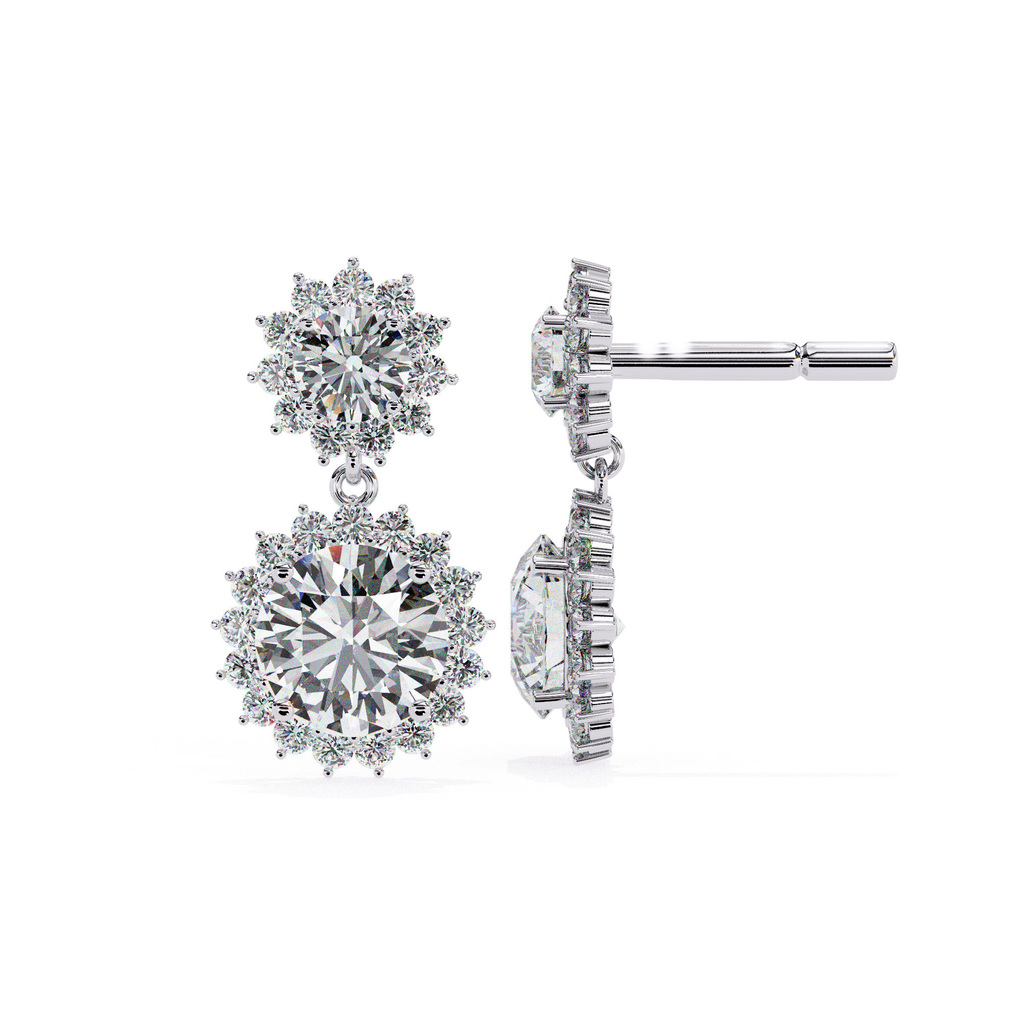 Sunburst double halo diamond drop earrings