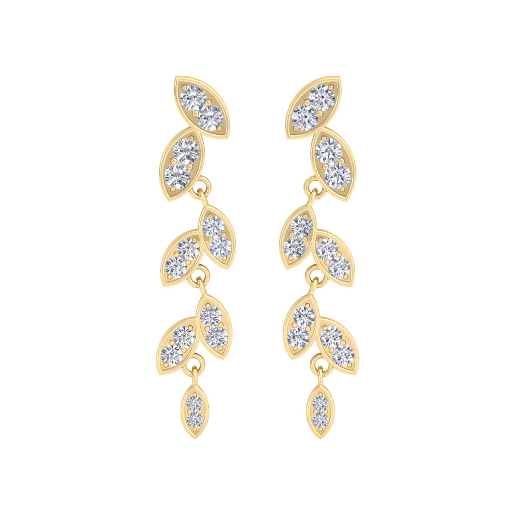 Flower and leaf pattern diamond drop earrings in gold
