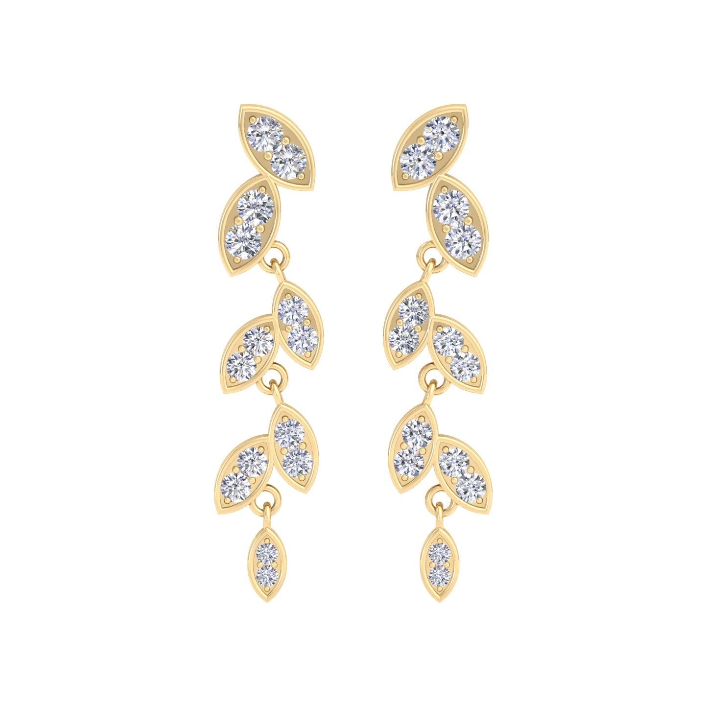 Flower and leaf pattern diamond drop earrings in gold
