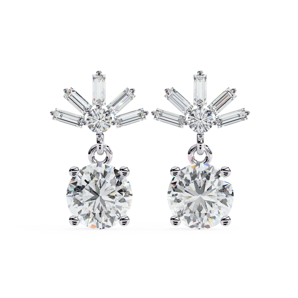 Bridal diamond drop earrings with baguette and round cut diamonds