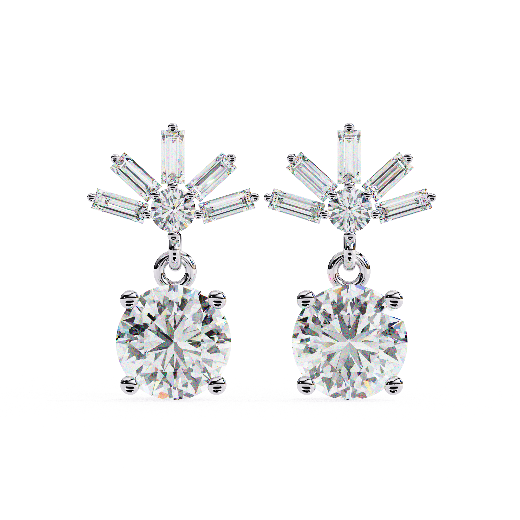 Bridal diamond drop earrings with baguette and round cut diamonds