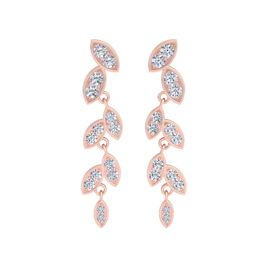 Flower and leaf pattern diamond drop earrings in Rose Gold