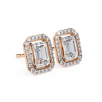 Minimal Emerald cut diamond halo stud earrings everyday wear